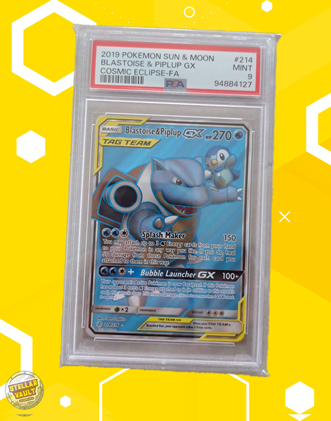 Pokemon Cosmic Eclipse FA Blastoise & Piplup GX PSA 9 Graded Slab