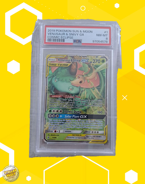 Pokemon Cosmic Eclipse Venusaur & Snivy GX PSA 8 Graded Slab